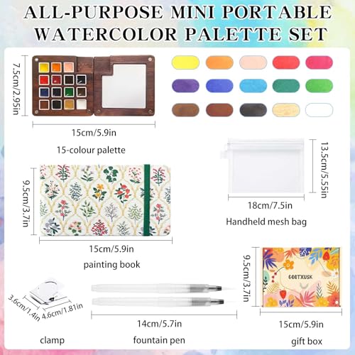 Mini Watercolor Paint Set - 15 Color Travel Watercolor Kit, Pocket Watercolor Paint Palette Set with Watercolor Book, Binder Clips, Pens, Storage Bag, Wooden Paint Box for Painters Artists Student - color: Grass