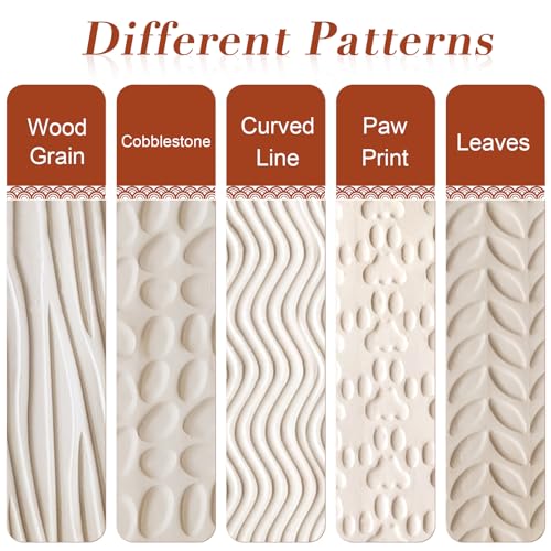 Wooden Handle Pottery Tools Clay Modeling Pattern Rollers, Brown | Clay Texture Rollers Set of 5 - color: Set of 5
