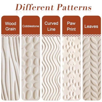 Wooden Handle Pottery Tools Clay Modeling Pattern Rollers, Brown | Clay Texture Rollers Set of 5 - color: Set of 5