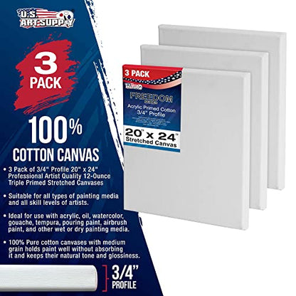 U.S. Art Supply 20"x24" Stretched Canvas for Painting, 3/4" Profile, 3-Pack - size: 20" x 24"