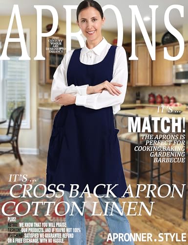 Cozy Adjustable Cross Back Aprons for Women with Pockets Cotton Linen Cooking Kitchen Baking - color: Navy Blue