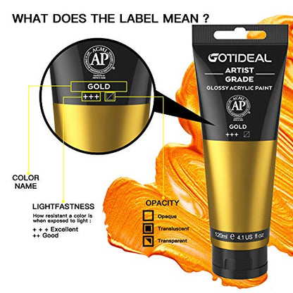GOTIDEAL Paint Brush Set with Acrylic Paint Metallic Gold 24K Tubes(120ml, 4.1 oz)