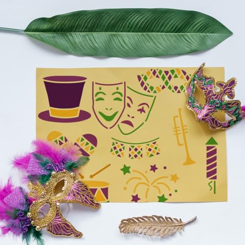 FINGERINSPIRE 4PCS Mardi Gras Painting Stencil 7.9x7.9inch Large Drums Balloons Colorful Ribbons Drawing Template Musical Instruments Flags Stencil for Painting Reusable Mardi Gras Words Template - color: Mardi Gras