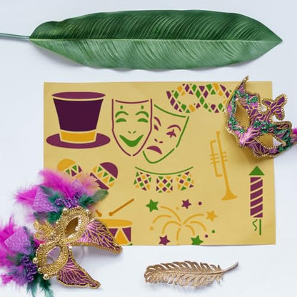 FINGERINSPIRE 4PCS Mardi Gras Painting Stencil 7.9x7.9inch Large Drums Balloons Colorful Ribbons Drawing Template Musical Instruments Flags Stencil for Painting Reusable Mardi Gras Words Template - color: Mardi Gras