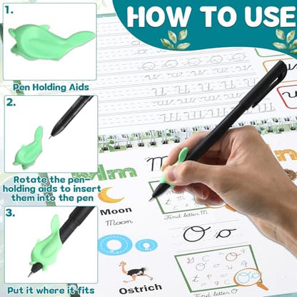 gisgfim Grooved Cursive Handwriting Workbook Magic Reusable Grooved Cursive Handwriting Practice Guided Tracing with Disappearing Ink Pens for Beginners Kids Learning Activities Supplies (Letters) - style: Alphabet