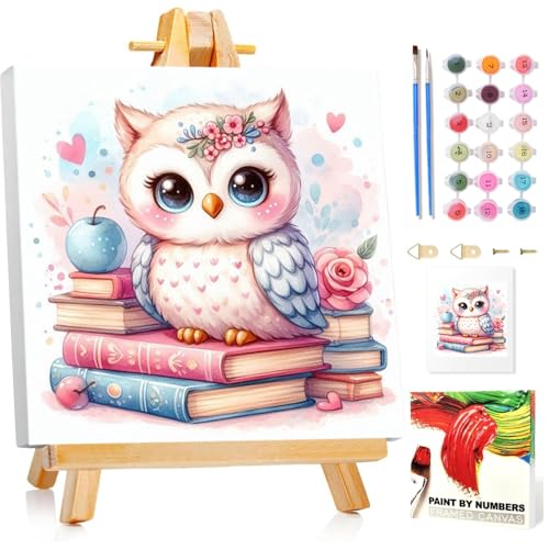 Owl Paint by Numbers Kit for Kids, 8x8 inch | DIY Paint by Numbers for Kids, Ages 4-8-12, with Frame, Wooden Easel, Gifts Box, Fun and Relaxing,Home Wall Decor - color: Owl01
