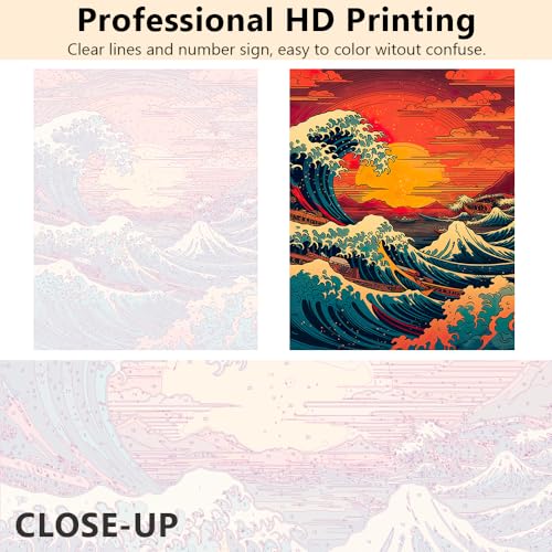 TUMOVO Japan Landscape Adult Paint by Number Kit Big Waves | Japan big waves 16x20 inch canvas art kit, relaxing offline hobby with acrylic paints, 3 brushes and easy numbered guide. - color: Wave