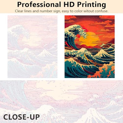 TUMOVO Japan Landscape Adult Paint by Number Kit Big Waves | Japan big waves 16x20 inch canvas art kit, relaxing offline hobby with acrylic paints, 3 brushes and easy numbered guide. - color: Wave