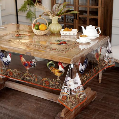 Clear Table Cover Protector Rooster Vinyl Table Cloth, 60"x120" | Dining Room, Kitchen Meals, Tabletop Protection, Easy Cleanup, Brunch, Parties, Holiday Gatherings, Everyday Use - color: Roosters, size: 60" x 120" (Rectangular)