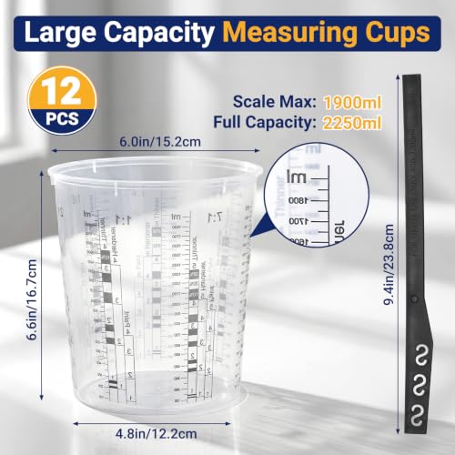 12 Pack 64oz 1900ml Clear Plastic Paint Mixing Cups with 12 Stir Sticks - Disposable Graduated Measuring Cups for Paint, Resin & Epoxy with ML Scale & 3-Column Ratios (1:1-7:1) for DIY Crafts - size: 64oz / 1900ml