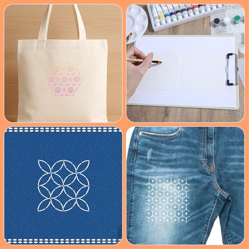24Pcs Sashiko Stencil for Crafts, Reusable Embroidery Stencils Geometric Line Stencil Kit, Quilting Templates for Sewing Hand Quiltings Crafting Clothes