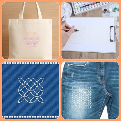 24Pcs Sashiko Stencil for Crafts, Reusable Embroidery Stencils Geometric Line Stencil Kit, Quilting Templates for Sewing Hand Quiltings Crafting Clothes