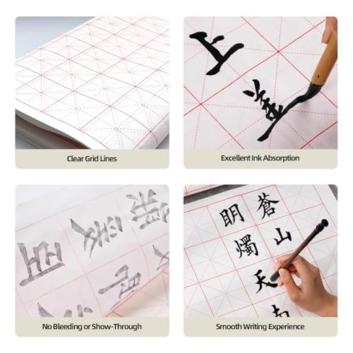 Corciosy Chinese Calligraphy Xuan Paper, 13 x 25.2In, 50 Sheets/Pack | Rice Paper with Grids, For Students, Beginners Practice, Includes Drawing Felt Mat Grey, 5cm/Grid - size: 5cm
