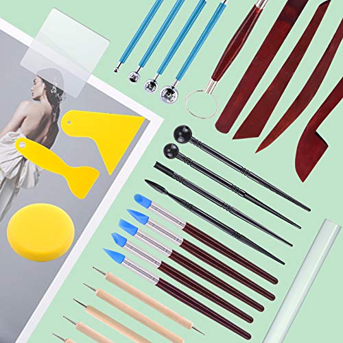 Swpeet 29Pcs Hand Modeling Clay Sculpting Tools Kits, Ball Stylus Tool, Wooden Dotting Tools, Rubber Tip Pens, Sculpture Knives, Ceramic Pottery Tools Sculpting Kit for Making Modeling Clay - color: N0.6 28Pcs Modeling Clay Sculpting Tools Kit