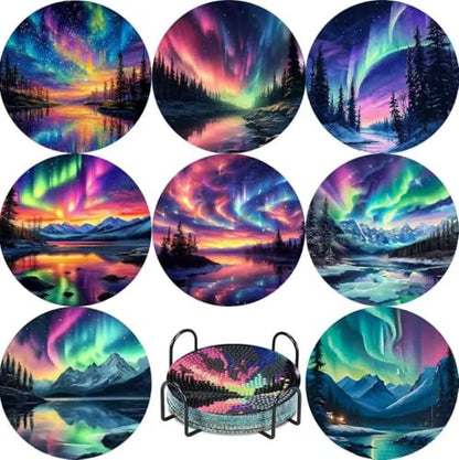 gganmtere 8P Aurora Diamond Art Coasters Kits, Landscape Diamond Painting Coasters Kits for Adults with Holder, DIY 5D Nature Scenery Diamond Dots Present - color: Jxbd121