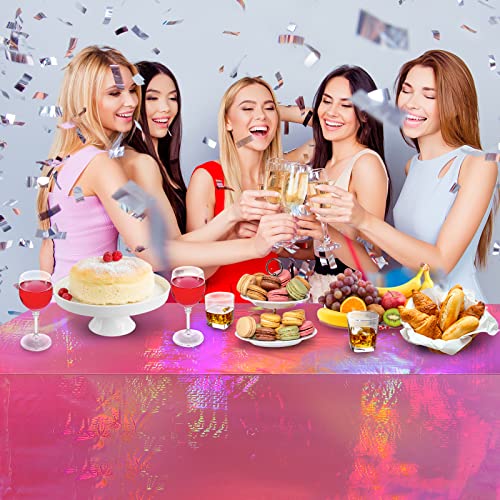 4 Pack Hot Pink Iridescent Plastic Tablecloths Shiny Disposable Laser Rectangle Table Covers Holographic Foil Tablecloth Iridescent Party Decorations Birthday Bridal Wedding Christmas, 54 x 108 Inch - color: Hot Pink