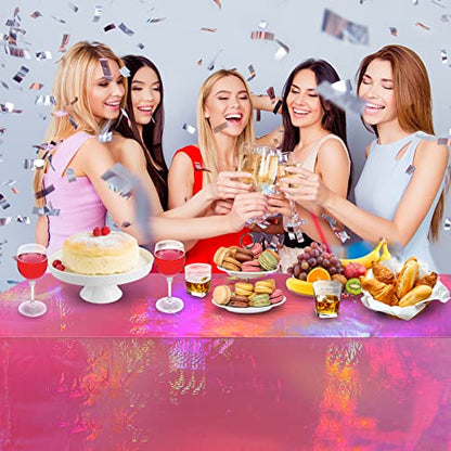 4 Pack Hot Pink Iridescent Plastic Tablecloths Shiny Disposable Laser Rectangle Table Covers Holographic Foil Tablecloth Iridescent Party Decorations Birthday Bridal Wedding Christmas, 54 x 108 Inch - color: Hot Pink