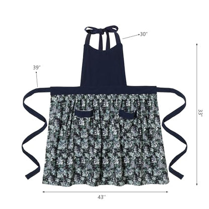 Cute Floral Apron for Women with Pockets, Cotton, Adjustable Straps - color: Deep Blue