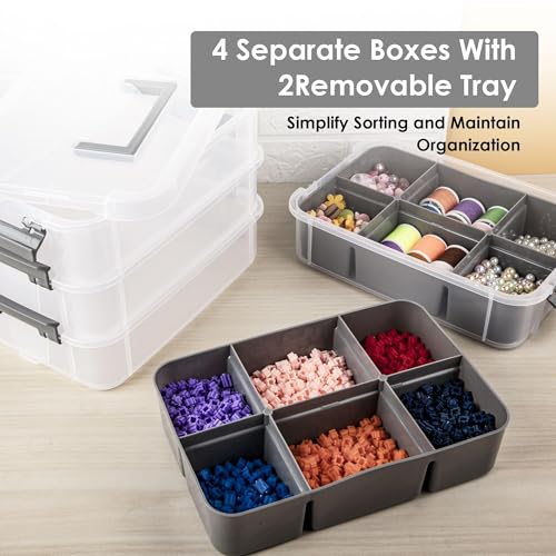 CraftGenes Craft Organizers and Storage, 4-Tier 10 Qt Box, 2 Trays, Grey | Clear Compartments; Dual Removable Inserts; Carry Handle; Side Latches; Beads, Ribbon, Stamps, Scrapbook Pieces, DIY Tools - color: Grey