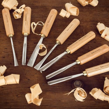 7-Piece Wood Carving Chisel Tools Set, Sharp CR-V Steel Blades | Precision woodworking tool kit with ash handles & canvas bag. Razor sharp 60CR-V blades for beginners and professionals - size: 7-Piece with Ash Handle
