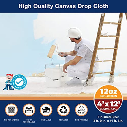 12oz All Purpose Canvas Drop Cloth 4x12ft – Commercial-Grade Heavy Duty Cotton Canvas Tarp Cover – Seamless, Washable & Reusable Painters Drop Cloth for Painting, Furniture & Floor Protection - color: 12 Oz - Commercial Grade