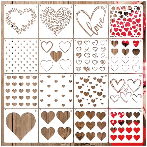 16 Pieces Heart Stencils for Crafts Reusable Mixed Media Geometric Stencils for Painting on Canvas Scrapbook Paper Fabric Pillows Card Making (16 Heart) - style: 16 Heart