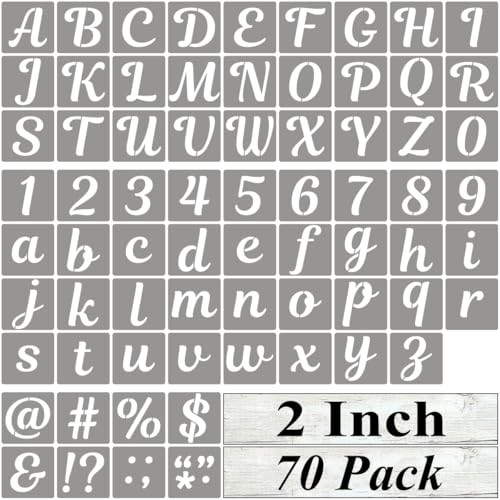 2 Inch Letter Stencils for Painting - 70 Pack Alphabet Letter and Number Stencil Templates with Signs for Painting, Reusable Cursive Alphabet Stencils for Chalkboard Wood Crafts & Wall Decor - size: 2 Inch