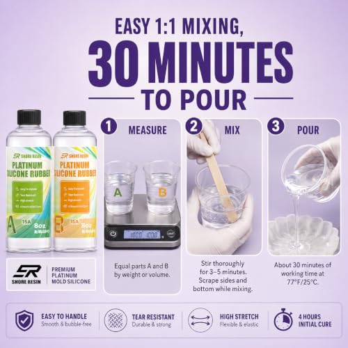 Platinum Silicone Mold Making Kit 16 oz, 15A, 1:1 Self-Degas | 16 oz platinum silicone, 1:1 mix, flexible 15A, self-degassing flow and fine-detail casting for reusable craft molds.