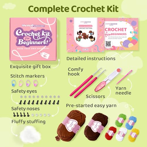 Mewaii Crochet Kit for Beginners, 5 Pack Dachshund Dog Craft Set - color: Brown Red and Blue