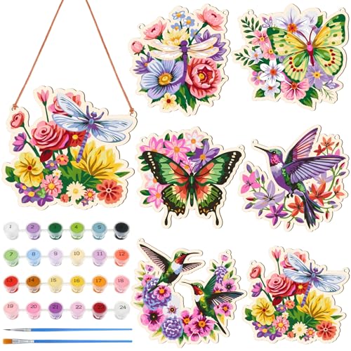 ForraFun 6 Pcs Paint by Number Hanging Ornaments, DIY Wall Art Craft Kits | Wooden Floral Wood Cutouts with Acrylic Paint, Brushes & Hanging Twine for Art Ornaments for Home Wall Door Window Decor