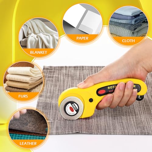 Lothee 12 Set 45mm Rotary Cutter for Fabric, Ergonomic Handle Rolling Cutter with Safety Lock for Fabric, Sewing, Quilting, Cloth, Paper, Leather, Arts Crafts Dressmaking (Yellow) - color: Yellow