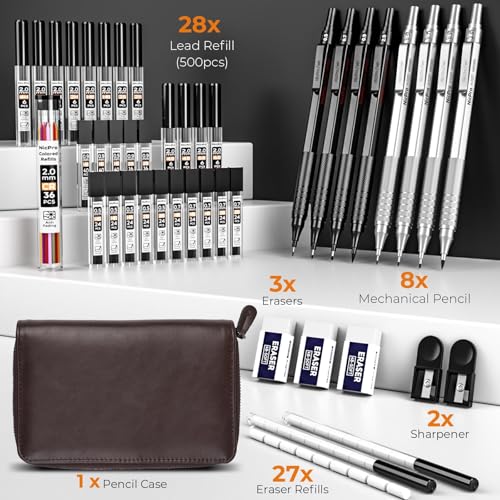 Nicpro 45PCS Black & Silver Metal Mechanical Pencil Set in Leather Case, Art Drafting Pencil 0.5, 0.7, 0.9 mm, 2mm Lead Holders for Sketching Drawing With 27 Tube (6B 4B 2B HB 2H 4H Colors)Lead Refill | Art Drafting Pencil 0.5-0.9 mm, 2mm Lead Pencil Hold