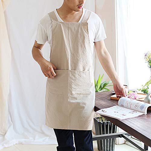 NEWGEM Japanese Cotton Linen Cross Back Cooking Apron for Women Men with Pockets Cute for Baking Kitchen - color: 16 - Men's Khaki