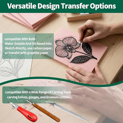 Yauhar 15Pcs 4" x 6" Linocut Carving Kit for Beginner, Pink Rubber Linoleum Printing Blocks, Hobby Crafting Kits Birthday Gift for Printmaking, Stamp Making, and DIY Art Projects