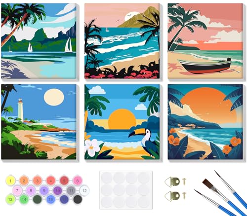 Bowetile 6 Pack Landscape Paint by Numbers for Adults Beginners Framed, Easy Adult Paint by Number Kits on Canvas, Acrylic Painting for Home Decor, 8x8in - color: 8x8in-6-Landscape-03