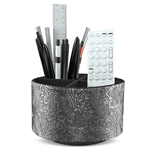 Round Leather Art Supply Organizer,Remote Control Holder,360 Degree Spinning,Multi-Functional Pencil Holder,4 Compartments Desktop Stationary Organizer(1-Grey) - color: 1-Grey