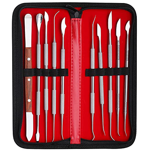 Dental Wax Carver Tools Set with Case - 10pcs Stainless Steel Double-Ended Wax Knife Mixing Spatula Knife Mechanic's wax knife kit for Dental Pottery Sculpting Plaster Carving