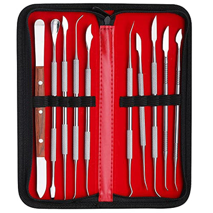 Dental Wax Carver Tools Set with Case - 10pcs Stainless Steel Double-Ended Wax Knife Mixing Spatula Knife Mechanic's wax knife kit for Dental Pottery Sculpting Plaster Carving