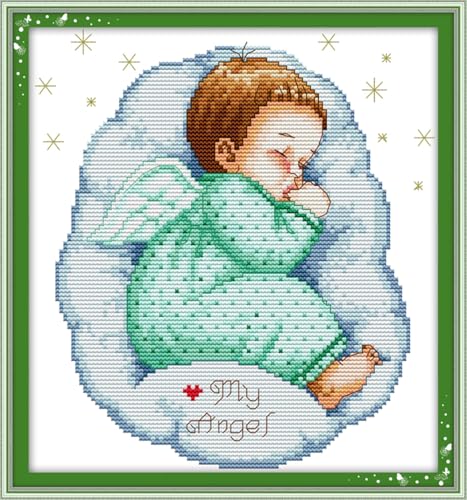JOYSEWING Stamped Cross Stitch Kits, 11CT Printed Cross Stitch Kits for Beginners, Easy Embroidery Needlepoint Kits DIY Craft kit Home Decor - Asleep Angel Baby(boy) (Printed) 13×13.8 inch - color: Asleep angel baby(boy)