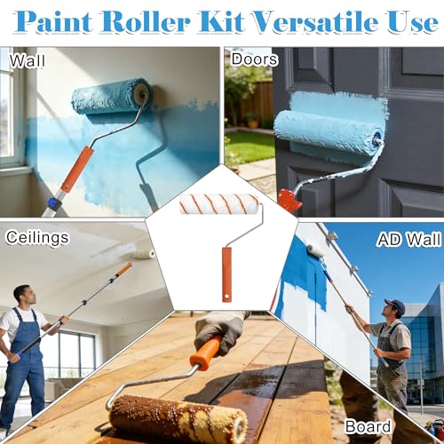 Paint Roller Kit with Extension Pole, 2-4FT Adjustable Pole, Professional 27-Piece Paint Kit, 4"9" Paint Rollers, Paint Brushes for Walls, Works with All Latex, Oil-Based Paints and Wood Finishes - color: Orange