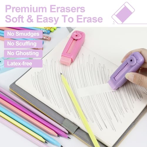 Buqoo 50 PCS Cute Wooden Lead Pencil Pro Art and Sketching Pencil Kit | Comes with 3 Push-Pull Refillable Erasers, Drawing Supplies, Charcoal Pencils, Charcoal Pencils for Drawing - color: Pink