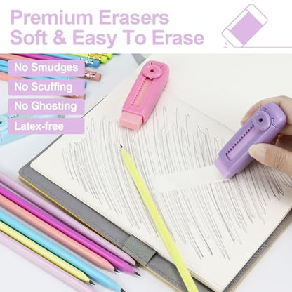 Buqoo 50 PCS Cute Wooden Lead Pencil Pro Art and Sketching Pencil Kit | Comes with 3 Push-Pull Refillable Erasers, Drawing Supplies, Charcoal Pencils, Charcoal Pencils for Drawing - color: Pink