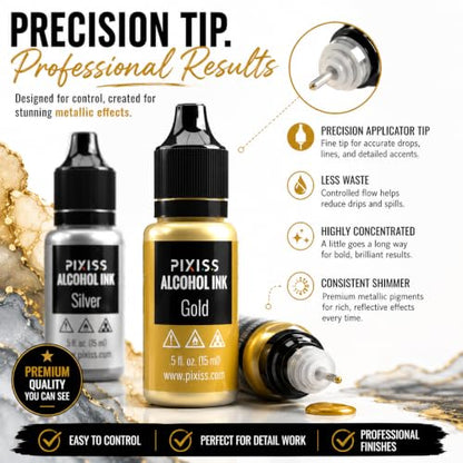 Pixiss Metallic Alcohol Ink Set - Silver and Gold Metallic Alcohol Ink Mixatives, 0.5oz Metallic Alcohol Pigment Resin Dye, Alcohol Inks for Epoxy Resin, Metallic Mixative for Yupo and Tumbler Cups