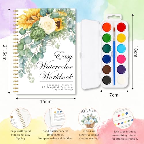Seasonal Flowers Watercolor Workbook for Beginner, 12 Beautiful Seasonal Flowers Sunflower Wildflower Butterfly Patterns Water Coloring Book, Paint Set with Palette and Brush, Gift for Flower Lovers - color: Sunflower