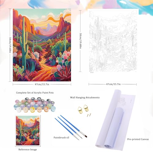 Natuyalo Paint by Numbers Kit for Adults Beginners and Kids, 16" Wx20 L Canvas Pictures Drawing Acrylic Paintwork with 3 Pcs Paintbrushes, Cactus in Wilderness - color: ART-04