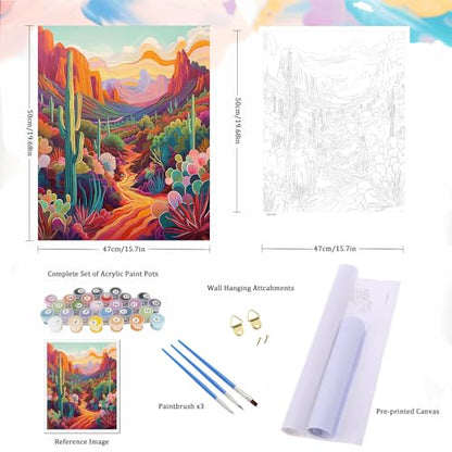 Natuyalo Paint by Numbers Kit for Adults Beginners and Kids, 16" Wx20 L Canvas Pictures Drawing Acrylic Paintwork with 3 Pcs Paintbrushes, Cactus in Wilderness - color: ART-04