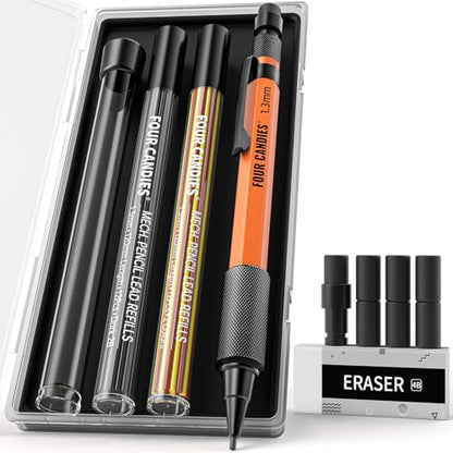Four Candies 1.3mm Mechanical Pencil Set with 24 Lead Refills, Metal Weatherproof Heavy Duty Outdoor Carpenter Pencil, Eraser, 6 Eraser Refills for Architect Drafting Woodworking Marking with Case - size: 1-Pack, style: Orange