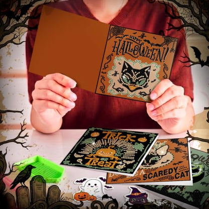 Saillong 12 Pack Halloween Diamond Painting Greeting Card Kits DIY Halloween Diamond Art Cards with Envelopes Green Black Cat Skull 5D Rhinestones Painting Kit for Adults DIY Craft Family Friend Gifts - color: Retro Halloween