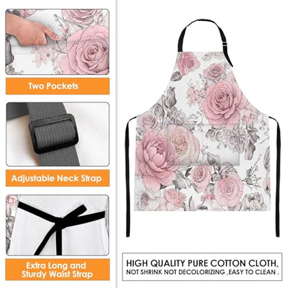 Britimes Apron with Pockets, 32x28 inch, for Women Men, Pink Flowers - color: Peony 2