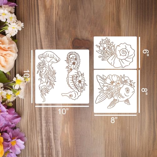 Sea Animal Stencils Reusable Turtle Shell Fish Stencil Jellyfish Octopus Dolphin Stencils for Painting on Wood Furniture Fabrics - style: Sea Animal
